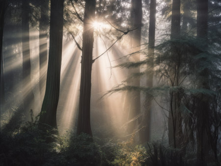 The sun shines through the trees in the forest. AI generative image.の素材