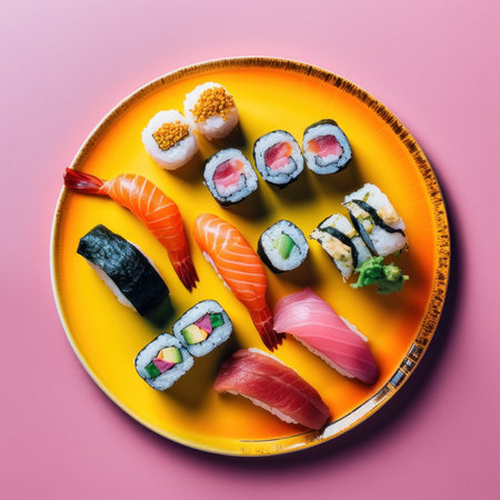 A plate of sushi on a pink surface. AI generative image.の素材