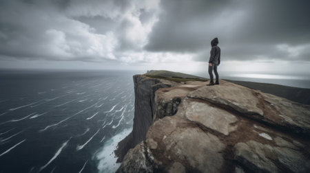 A person standing on a cliff overlooking the ocean. AI generative image.の素材