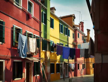 A row of colorful buildings with clothes hanging out to dry. AI generative image.の素材