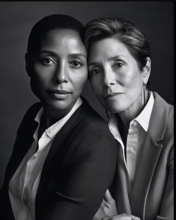A black and white photo of two women. AI generative image.の素材