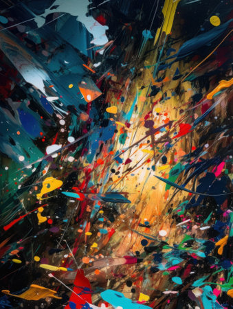 A painting of colorful paint splatters on a black background. Generative AI image.の素材