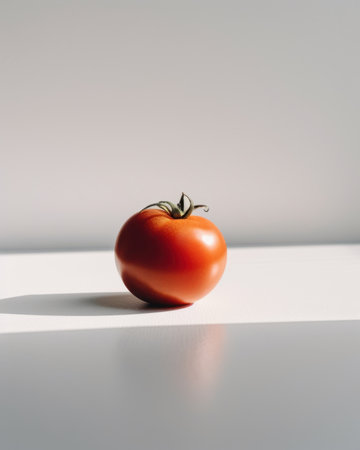 A single tomato sitting on a white surface. Generative AI image.の素材