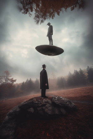 A man standing on top of a rock under a tree. Generative AI image.の素材