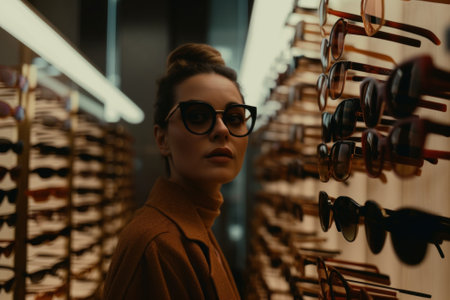 A woman standing in front of a wall of glasses. Generative AI image.の素材