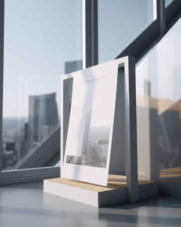 A picture frame sitting on top of a table next to a window. Generative AI image.の素材
