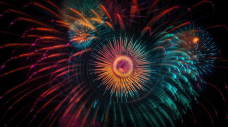 Colorful fireworks in the night sky with a black background. Generative AI image.の素材