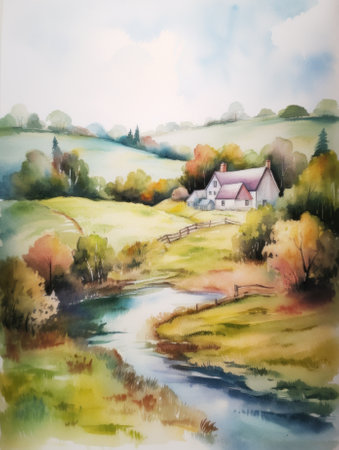 A watercolor painting of a farm in the country. Generative AI image.の素材
