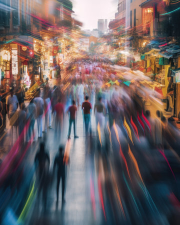 A crowd of people walking down a city street. Generative AI image.の素材