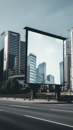 A billboard on the side of the road with buildings in the background. Generative AI image. Mockup.の素材