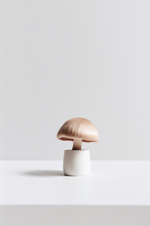 A mushroom sitting on top of a white table. Generative AI image.の素材
