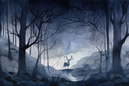 A painting of a deer in a snowy forest. Generative AI image.の素材