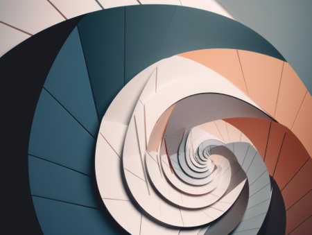 A spiral staircase in a building with a sky background. Generative AI image.の素材
