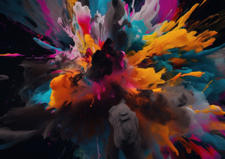 A colorful explosion of paint on a black background. Generative AI image.の素材