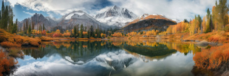 A painting of a mountain range with a lake in the foreground. Generative AI image.の素材