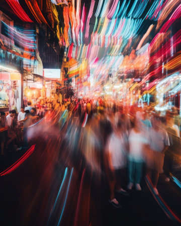 A blurry photo of a busy city street at night. Generative AI image.の素材