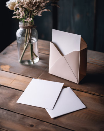 A vase of flowers sitting on top of a wooden table. Generative AI image. Mockup.の素材