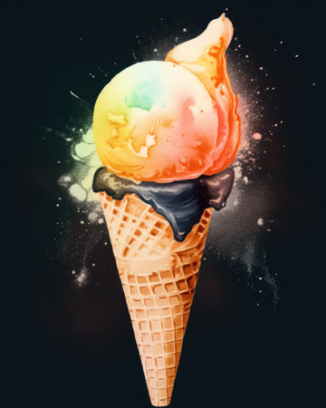 An ice cream cone with two scoops of ice cream. Generative AI image.の素材