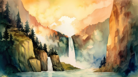 A watercolor painting of a waterfall in the mountains. Generative AI image.の素材