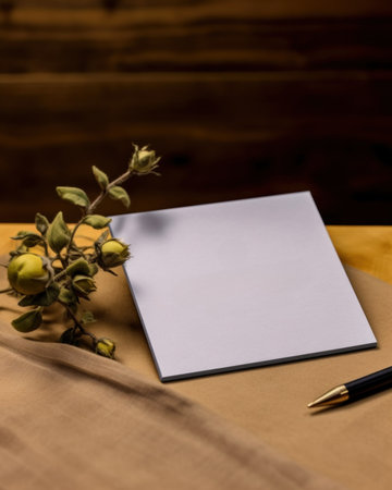 A notepad and a pen on a table. Generative AI image. Mockup.の素材