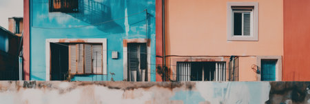 A blue building with a red and orange wall. Generative AI image.の素材
