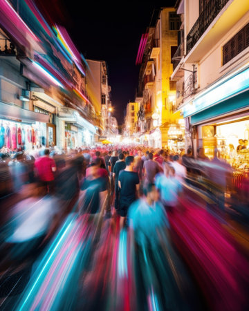 A crowd of people walking down a street at night. Generative AI image.の素材