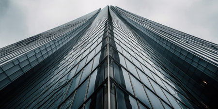 A tall glass building with a sky background. Generative AI image.の素材
