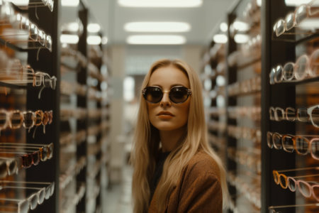 A woman wearing sunglasses standing in front of a wall of glasses. Generative AI image.の素材