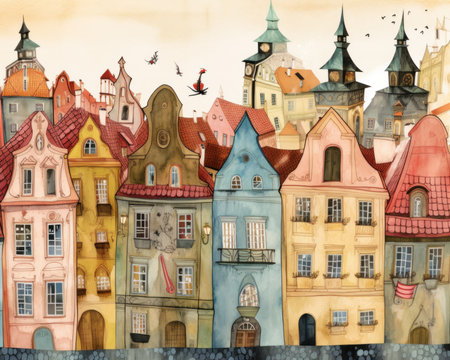 A painting of a city with a clock tower. Generative AI image.の素材