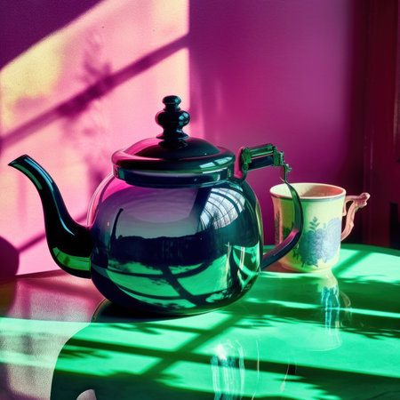 A tea pot sitting on top of a table next to a cup. Generative AI image.の素材