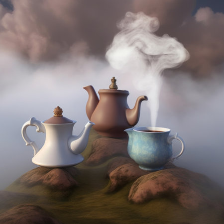 A tea pot and two cups of coffee on a rock. Generative AI image.の素材