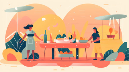 A couple of people standing around a table. Generative AI image.の素材
