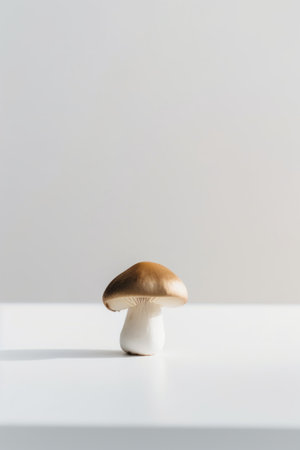 A mushroom sitting on top of a white table. Generative AI image.の素材