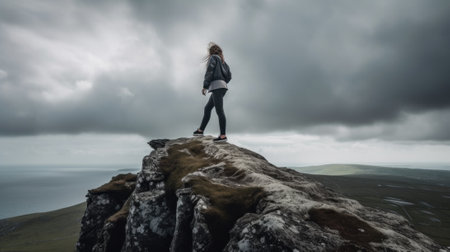 A woman standing on top of a mountain. AI generative image.の素材