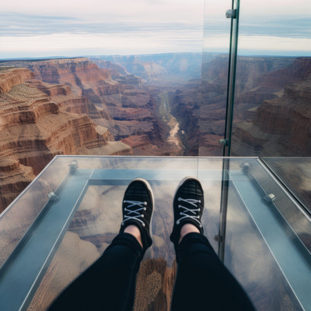 A person standing on a glass platform overlooking a canyon. AI generative image.の素材
