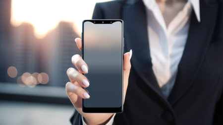A woman in a business suit holding a smart phone. AI generative image.の素材