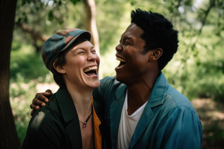 A man and a woman laughing in the woods. AI generative image.の素材