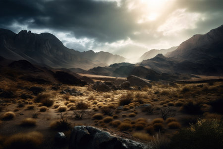 The sun shines through the clouds over the mountains. AI generative image.の素材