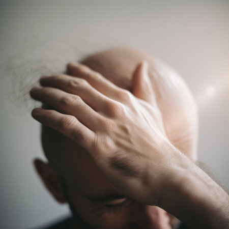 A shy balding person covering his face with hand. AI generative image.の素材