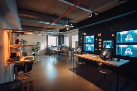 A room filled with lots of computers and monitors. AI generative image.の素材