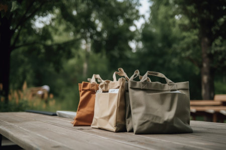 Three bags sitting on top of a wooden table. AI generative image.の素材
