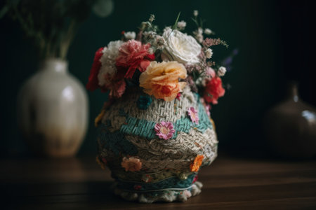 A vase filled with flowers on top of a wooden table. AI generative image.の素材