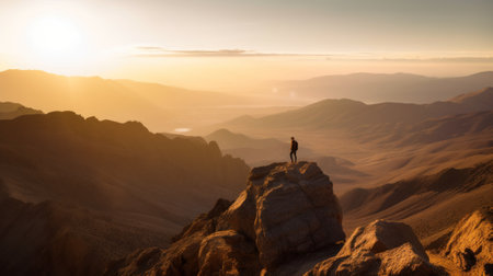 A person standing on top of a mountain. AI generative image.の素材
