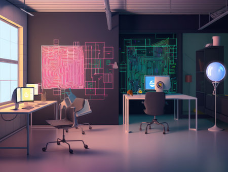 A room with a desk, chair, and computer monitor. AI generative image.の素材