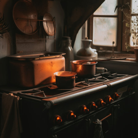 A stove top oven sitting in a kitchen next to a window. AI generative image.の素材