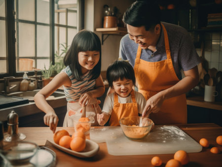 A man and two children are making oranges. AI generative image.の素材
