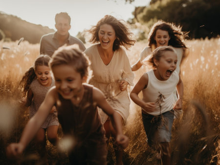 A group of people running through a field. AI generative image.の素材