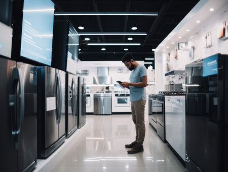 A consumer standing in appliance store trying to choose what to buy. AI generative image.の素材