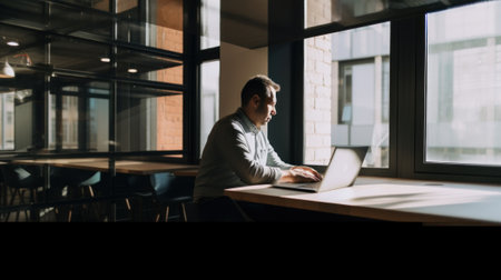 A man sitting at a table using a laptop computer. AI generative image.の素材