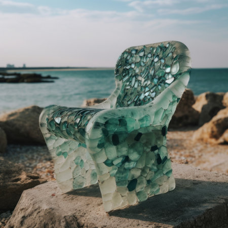 A glass chair sitting on top of a rock near the ocean. AI generative image.の素材